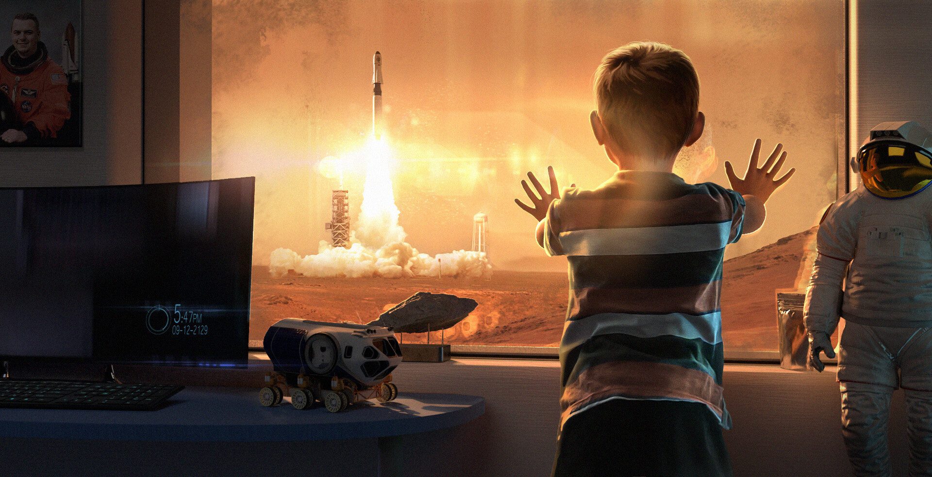 Ένα αγόρι βλέπει έναν πύραυλο Starship της Space X να επογειώνεται από τον Άρη 