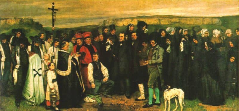 Η ζωγραφική του Ρεαλισμού. "Κηδεία στην Ορνάν", 1849–50, του Γκ. Κουρμπέ, Ελαιογραφία σε καμβά, 314 cm × 663 cm, Μουσείο Ορσέ, Παρίσι, Γαλλία.