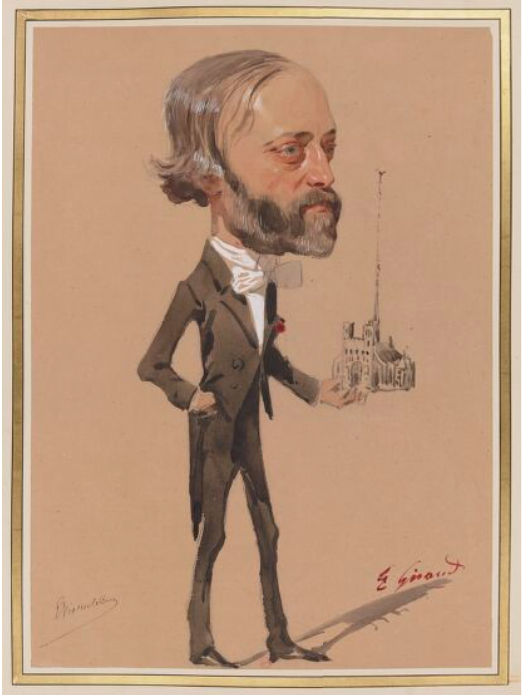 Καρικατούρα του Eugène Viollet-le-Duc που κρατά την Παναγία των Παρισίων. Πηγή: National Library of France 