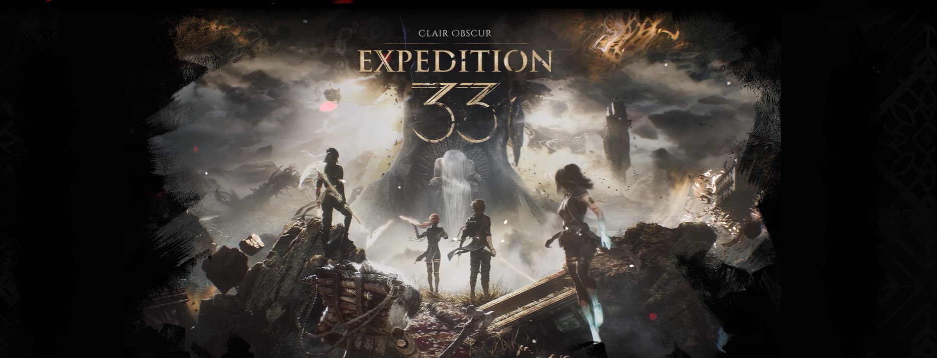 τέσσερις χαρακτήρες, δύο γυναίκες και δύο άντρες στέκονται σε θέση μάχης σε ένα σκηνικό αποκάλυψης, ενώ στο κέντρο της εικόνας είναι γραμμένος ο τίτλος του παιχνιδού με χρυσά λεπτά γράμματα