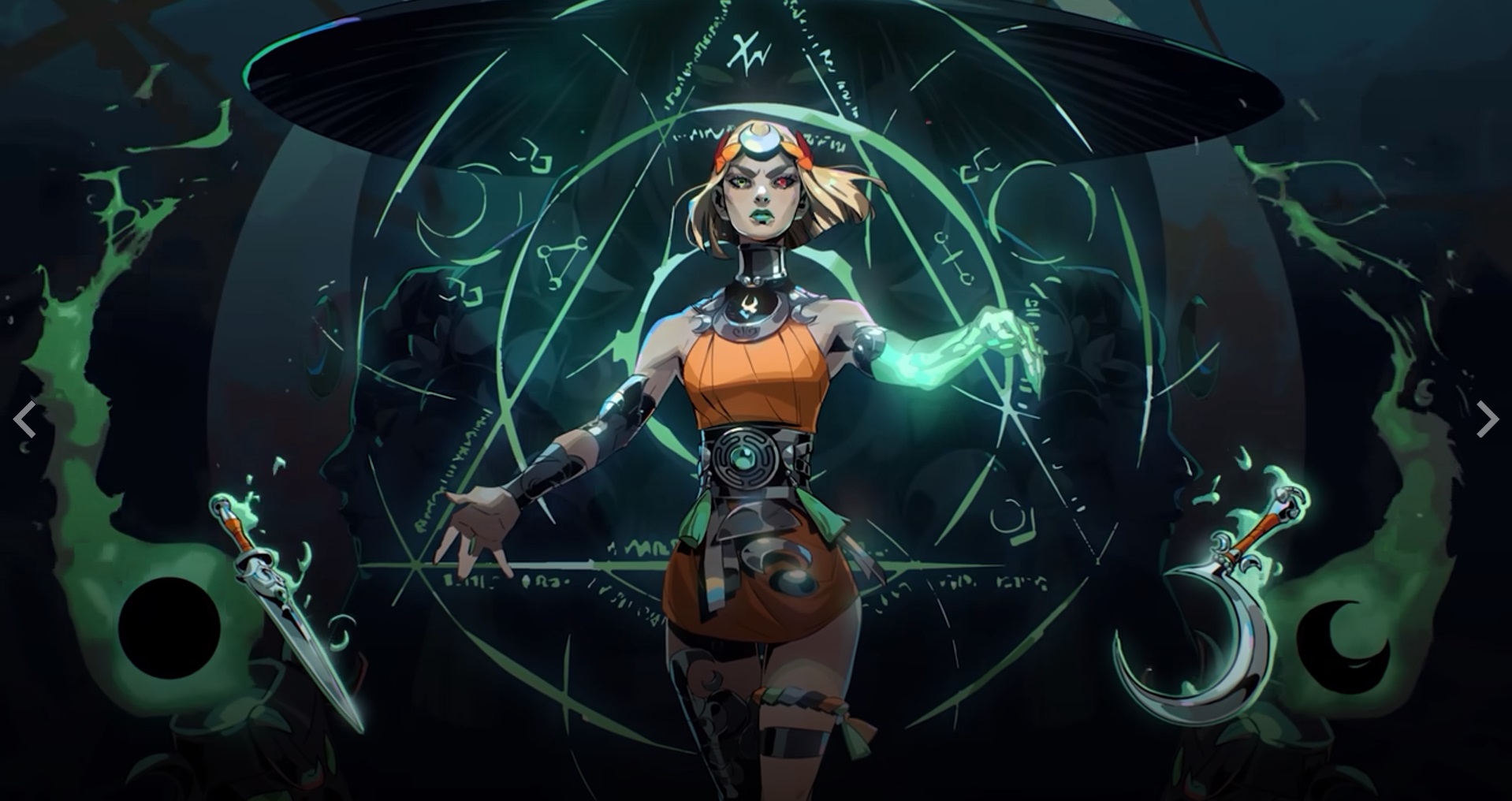 Κοπέλα πολεμιστής με ετεροχρωμία στα μάτια στέκεται μπροστά από ένα σύμβολο με σχήματα κύκλου, τριγώνου και μισοφέγγαρων σε αποχρώσεις του πράσινου. Στα αριστερά της αιωρείται ένα μικρό σπαθί και δεξιά της ένα δρεπάνι μικρό.