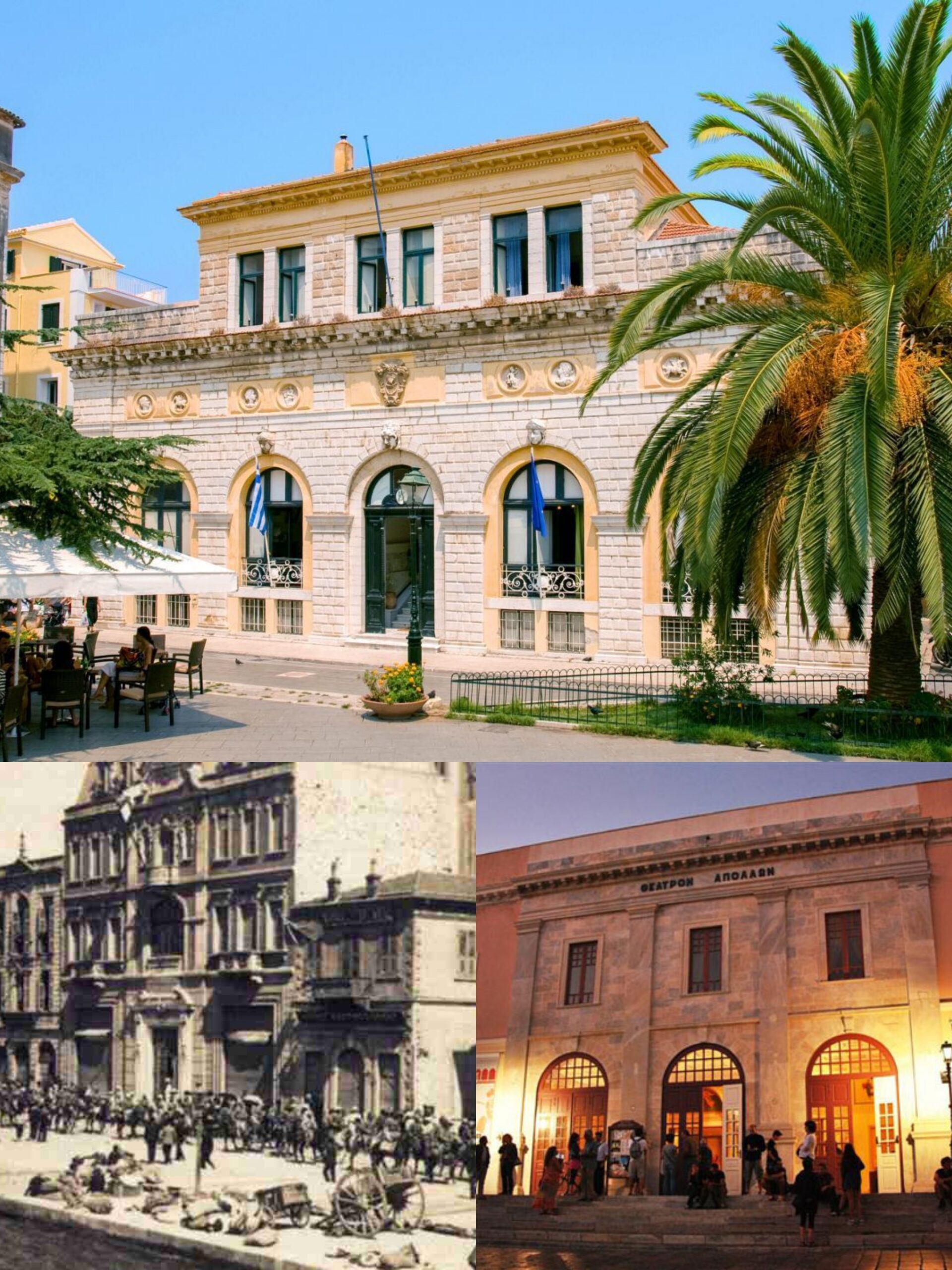 Θέατρο San Giacomo στη Κέρκυρα (πάνω φωτογραφία), Θέατρο της Σμύρνης (κάτω αριστερά), Θέατρο της Ερμούπολης Απόλλων στη Σύρο (κάτω δεξιά)