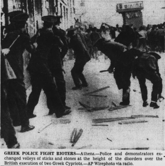 Η αστυνομία πόλεων στις διαδηλώσεις για το κυπριακό στις 9 Μαΐου 1956 | Πηγή Εικόνας: Evening star (Washington, D.C.), May 10, 1956