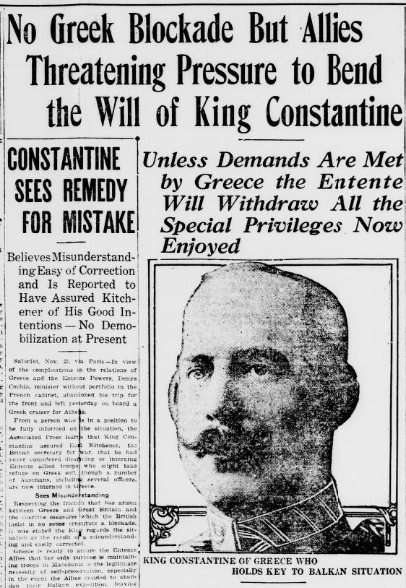 O Βασιλιάς Κωνσταντίνος μέσα από τον διεθνή τύπο | Πηγή Εικόνας: Daily Kennebec Journal November 24, 1915