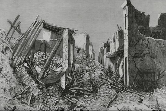  Ερείπια από τον φονικό σεισμό του 1881 στην οδό «Απλωταριά» και τη δημόσια αγορά, στην πρωτεύουσα του νησιού της Χίου. Χαρακτικό του Μπερνάρντο Ρίκο ι Ορτέγα (1825–1894) | Πηγή Εικόνας : Αρχείο του περιοδικού La Ilustración Española y Americana