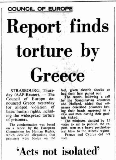 Δημοσίευμα του διεθνούς τύπου για τη σύσταση του Συμβουλίου της Ευρώπης για τα βασανιστήρια στη περίοδο της δικτατορίας στην Ελλάδα | Πηγή Εικόνας: The Canberra Times, 17-04-1970