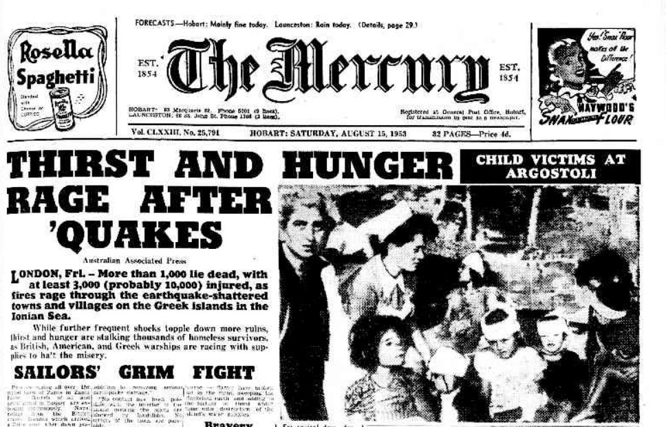 Διεθνές δημοσίευμα για τον φονικό σεισμό του 1953 στο Αργοστόλι | Πηγή Εικόνας: The Mercury οf Sydney, 15-08- 1953