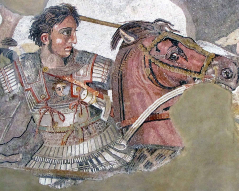 Ο Αλέξανδρος και ο Βουκεφάλας στο ψηφιδωτό του Μεγάλου Αλεξάνδρου.