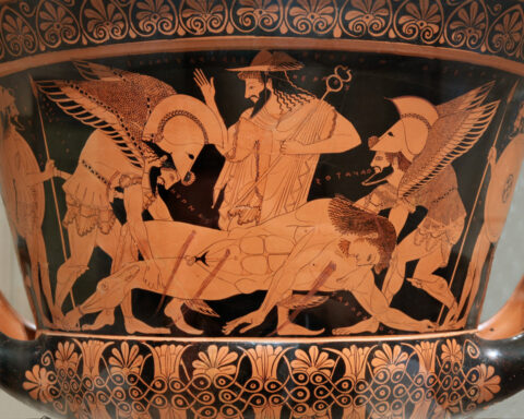 Ο Ύπνος και ο Θάνατος μεταφέρουν τον νεκρό Σαρπηδόνα στην Λυκία, σκηνή την οποία ζωγράφισε ο αγγειογράφος Ευφρόνιος.