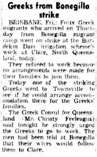 Δημοσίευμα του 1954 για τις διαδηλώσεις των Ελλήνων στη Μπονεγκίλα | Πηγή Εικόνας: Border Morning Mail, 24-07-1954