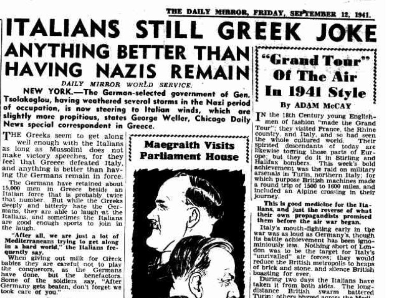 Διεθνές δημοσίευμα για την Κυβέρνηση Τσολάκογλου ως μια διοίκηση που επιλέχθηκε από τους Γερμανούς και προσπάθησε να προσαρμοστεί στις συνθήκες της Κατοχής | Πηγή Εικόνας: Daily Mirror, 12/09/1941